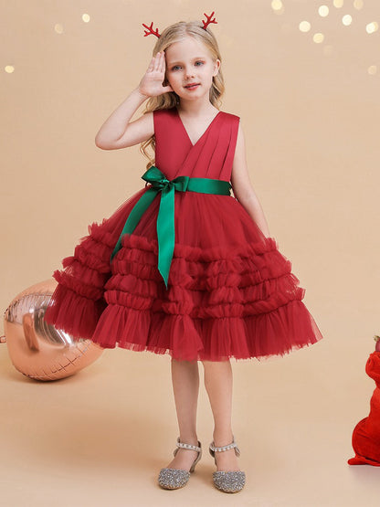 Ball Gown V-Neck Sleeveless Knee-Length Ruched Christmas Dresses for Girls