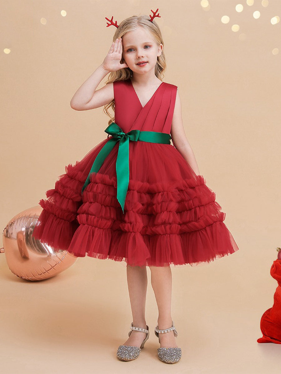 Ball Gown V-Neck Sleeveless Knee-Length Ruched Christmas Dresses with Belt