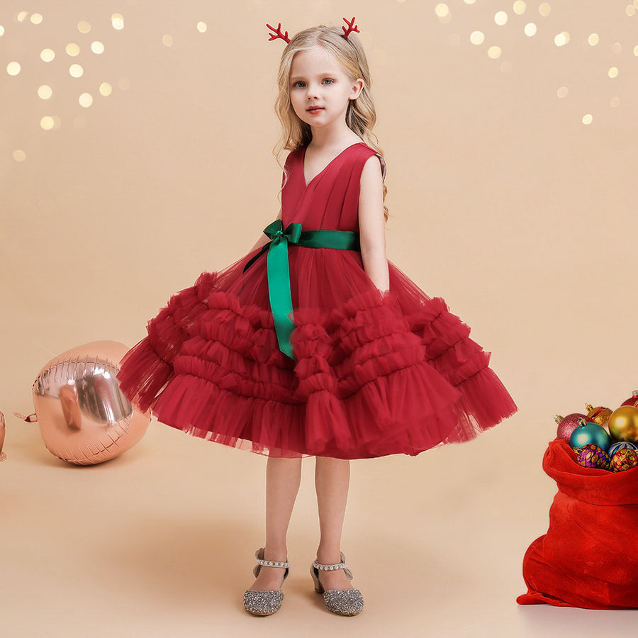 Ball Gown V-Neck Sleeveless Knee-Length Ruched Christmas Dresses with Belt