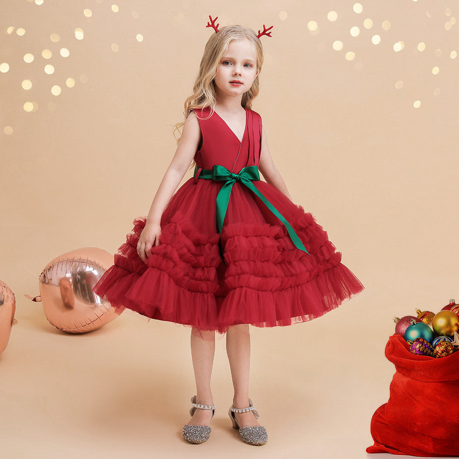 Ball Gown V-Neck Sleeveless Knee-Length Ruched Christmas Dresses for Girls