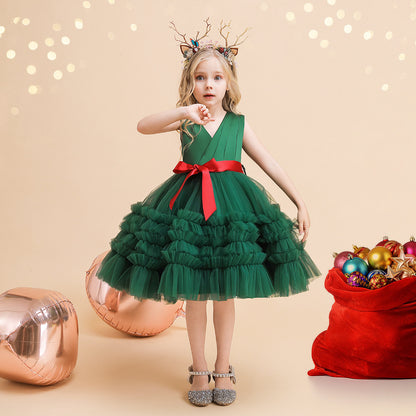 Ball Gown V-Neck Sleeveless Knee-Length Ruched Christmas Dresses for Girls