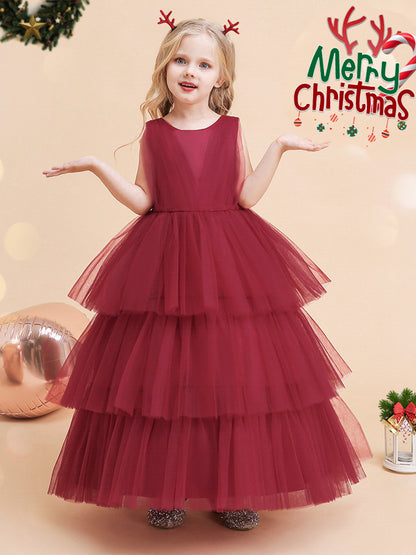 Tulle Ball Gown Scoop Sleeveless Ankle-Length Christmas Dresses for Girls