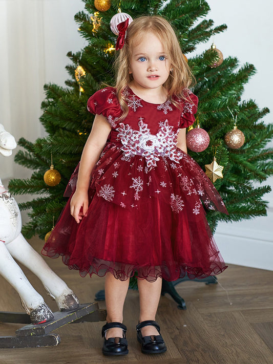 Ball Gown Scoop Short Sleeves Tea-Length Beading Christmas Dresses for Girls