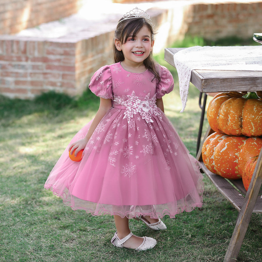 Ball Gown Scoop Short Sleeves Tea-Length Beading Christmas Dresses for Girls