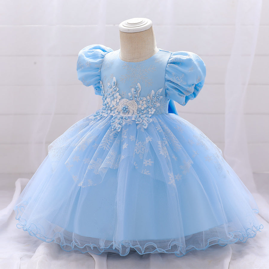 Ball Gown Scoop Short Sleeves Tea-Length Christmas Dresses with Appliques & Beading