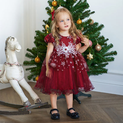 Ball Gown Scoop Short Sleeves Tea-Length Beading Christmas Dresses for Girls