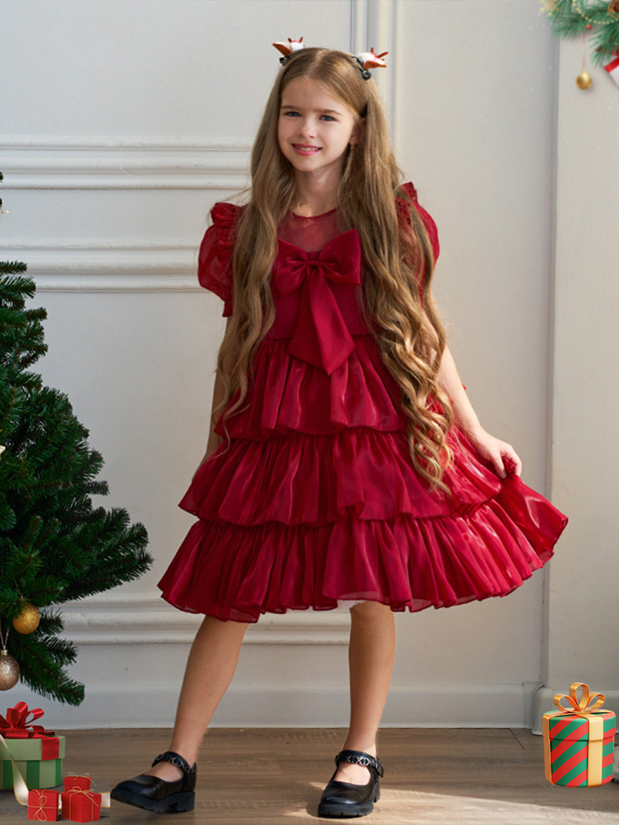 Tiered Ball Gown Scoop Short Sleeves Pleated Christmas Dresses for Girls