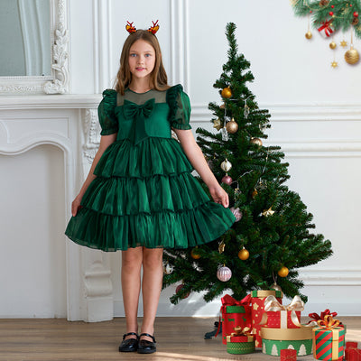 Tiered Ball Gown Scoop Short Sleeves Christmas Dresses with Pleats & Bow(s)