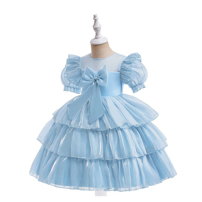 Tiered Ball Gown Scoop Short Sleeves Christmas Dresses with Pleats & Bow(s)