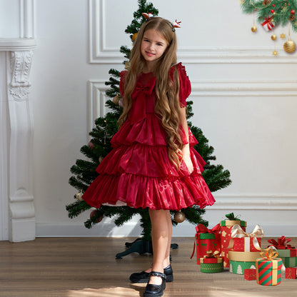 Tiered Ball Gown Scoop Short Sleeves Pleated Christmas Dresses for Girls