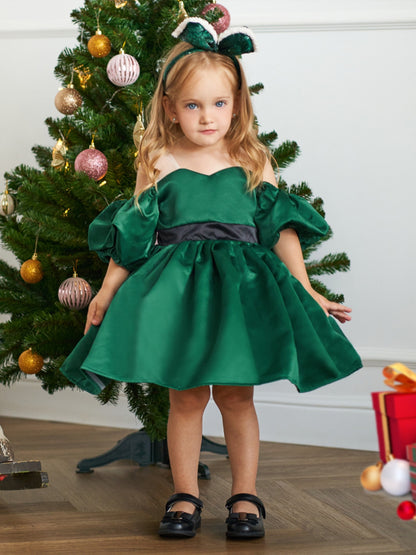 Ball Gown Off-the-Shoulder Short Sleeves Satin Christmas Dresses for Girls