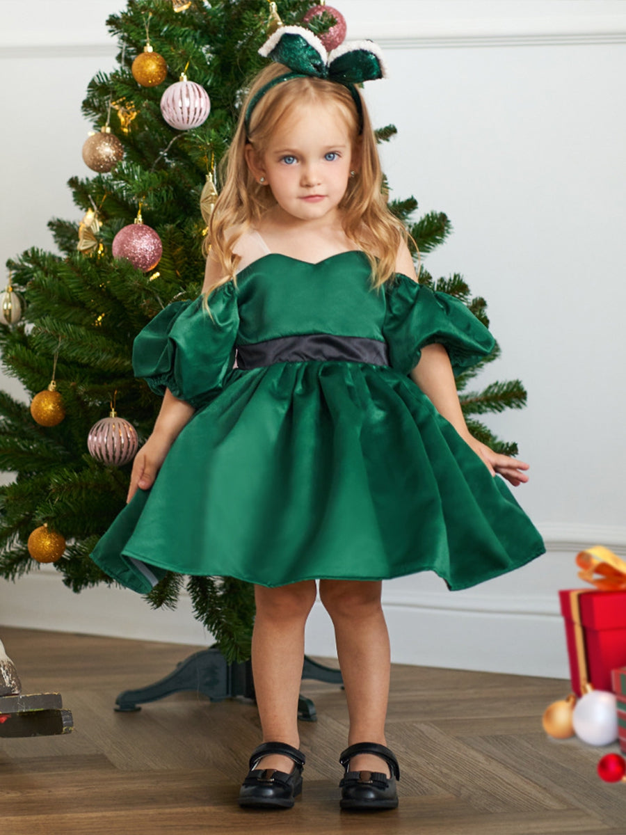 Ball Gown Off-the-Shoulder Short Sleeves Satin Christmas Dresses for Girls