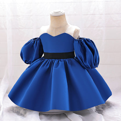 Ball Gown Off-the-Shoulder Short Sleeves Satin Christmas Dresses for Girls