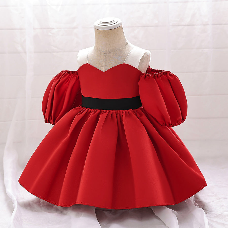 Ball Gown Off-the-Shoulder Short Sleeves Satin Christmas Dresses for Girls