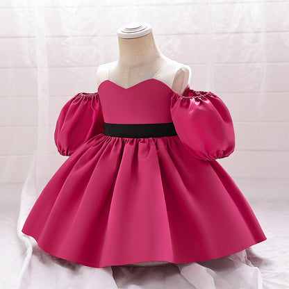 Ball Gown Off-the-Shoulder Short Sleeves Satin Christmas Dresses for Girls