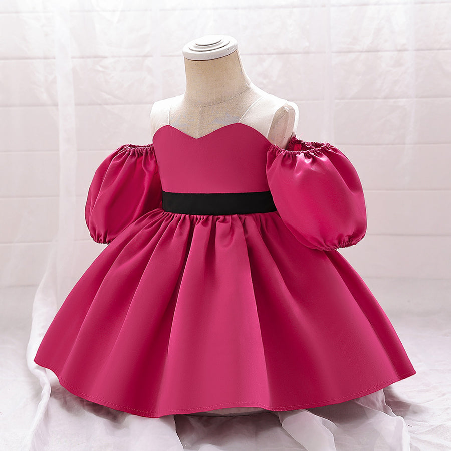 Ball Gown Off-the-Shoulder Short Sleeves Satin Christmas Dresses for Girls