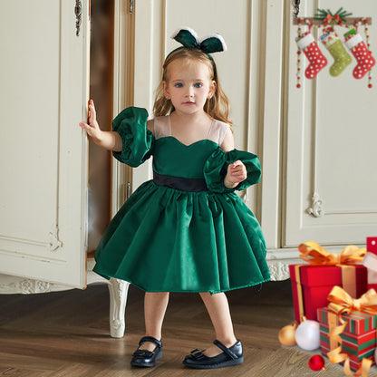 Ball Gown Off-the-Shoulder Short Sleeves Satin Christmas Dresses for Girls