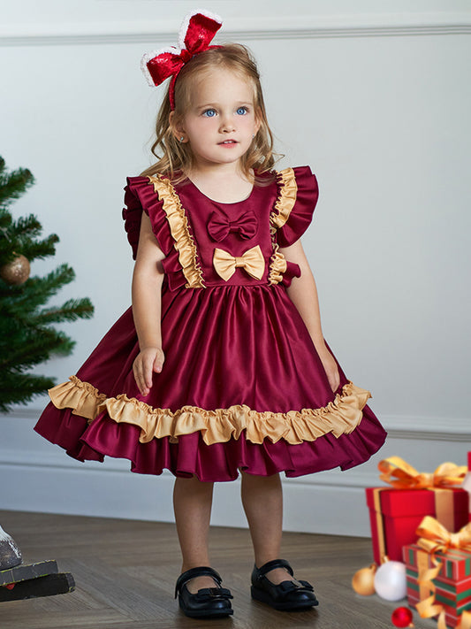 Tiered Ball Gown Scoop Sleeveless Ruched Satin Christmas Dresses for Girls