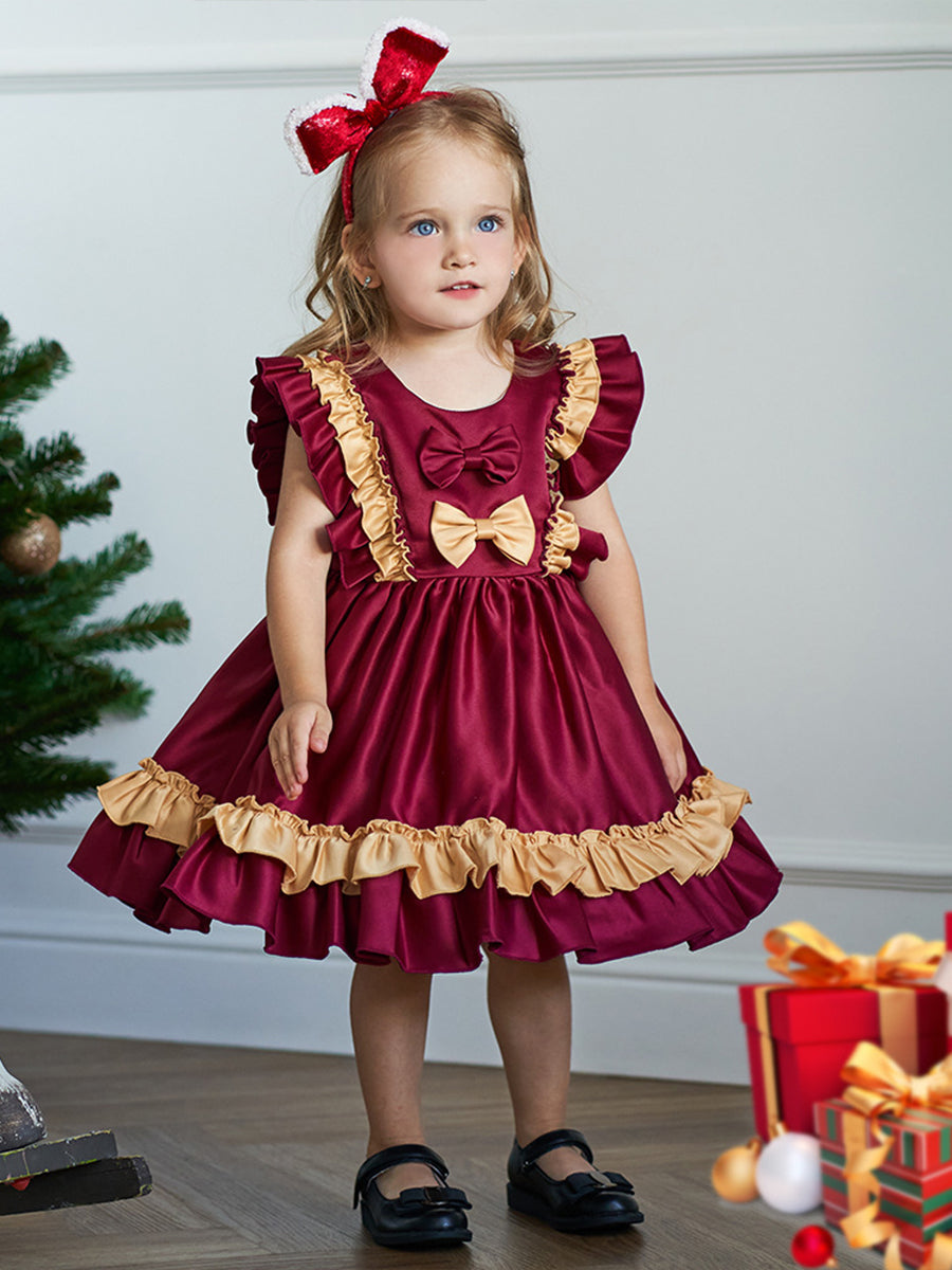 Tiered Ball Gown Scoop Sleeveless Ruched Satin Christmas Dresses for Girls