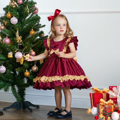 Tiered Ball Gown Scoop Sleeveless Ruched Satin Christmas Dresses for Girls