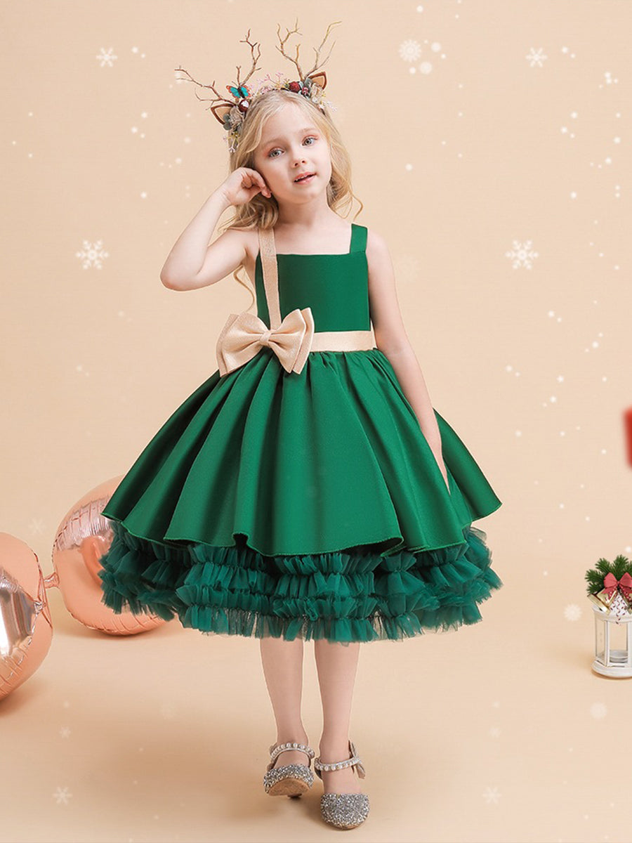 Cute Tiered Ball Gown Straps Satin Christmas Dresses with Belt & Bow