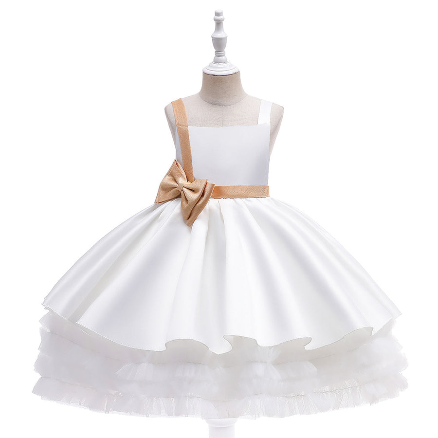 Cute Tiered Ball Gown Straps Satin Christmas Dresses with Belt & Bow