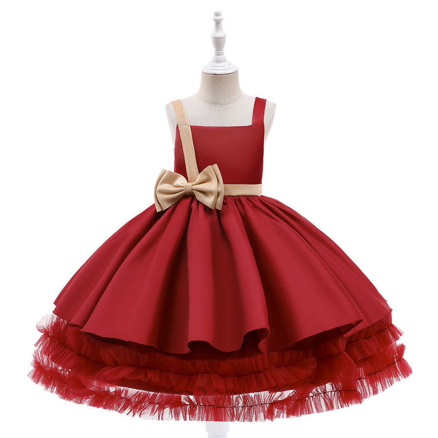 Cute Tiered Ball Gown Straps Satin Christmas Dresses with Belt & Bow