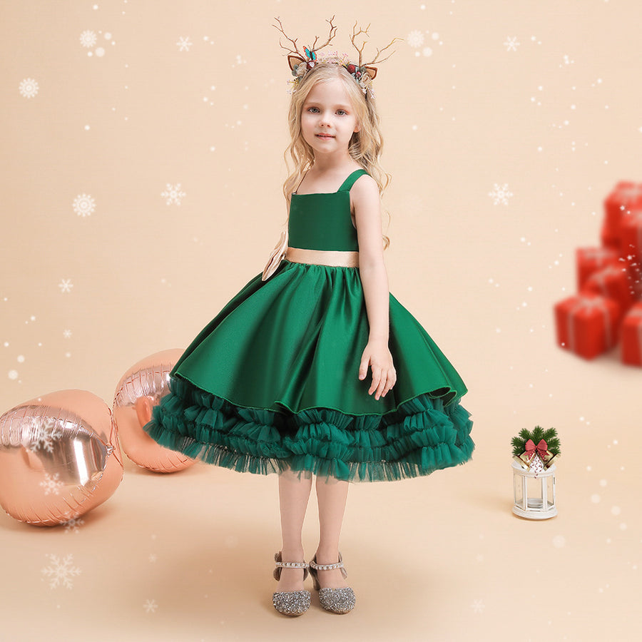 Cute Tiered Ball Gown Straps Satin Christmas Dresses with Belt & Bow