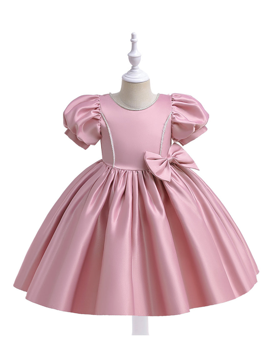 Ball Gown Scoop Puff Sleeves Flower Girl Dresses with Bowknot