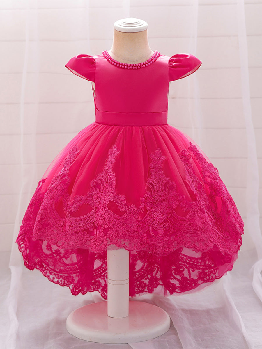 Ball Gown Scoop Short Sleeves Flower Girl Dresses with Appliques & Pearls