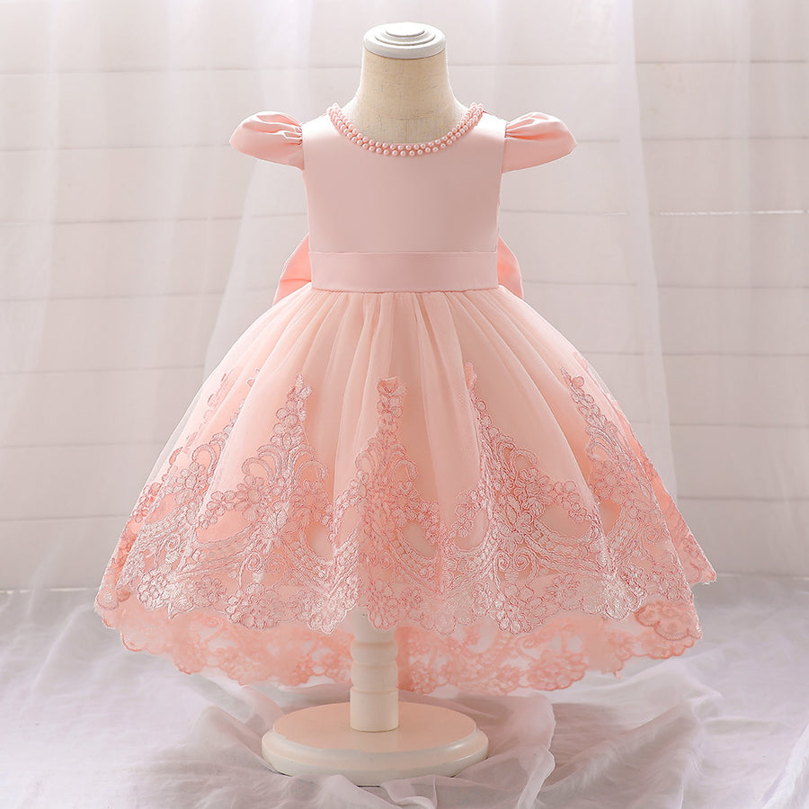 Ball Gown Scoop Short Sleeves Flower Girl Dresses with Appliques & Pearls