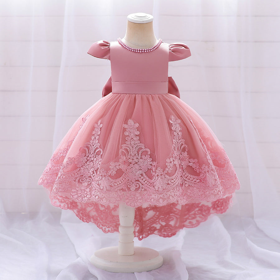 Ball Gown Scoop Short Sleeves Flower Girl Dresses with Appliques & Pearls