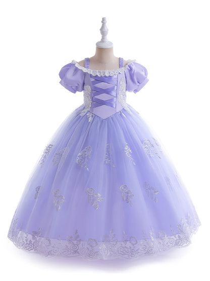 Ball Gown Scoop Puff Sleeves Flower Girl Dresses with Appliques