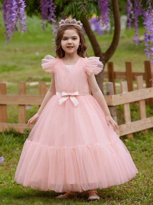 A-Line/Princess V-Neck Flying Sleeves Flower Girl Dresses with Belt