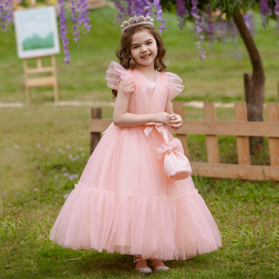 A-Line/Princess V-Neck Flying Sleeves Flower Girl Dresses with Belt