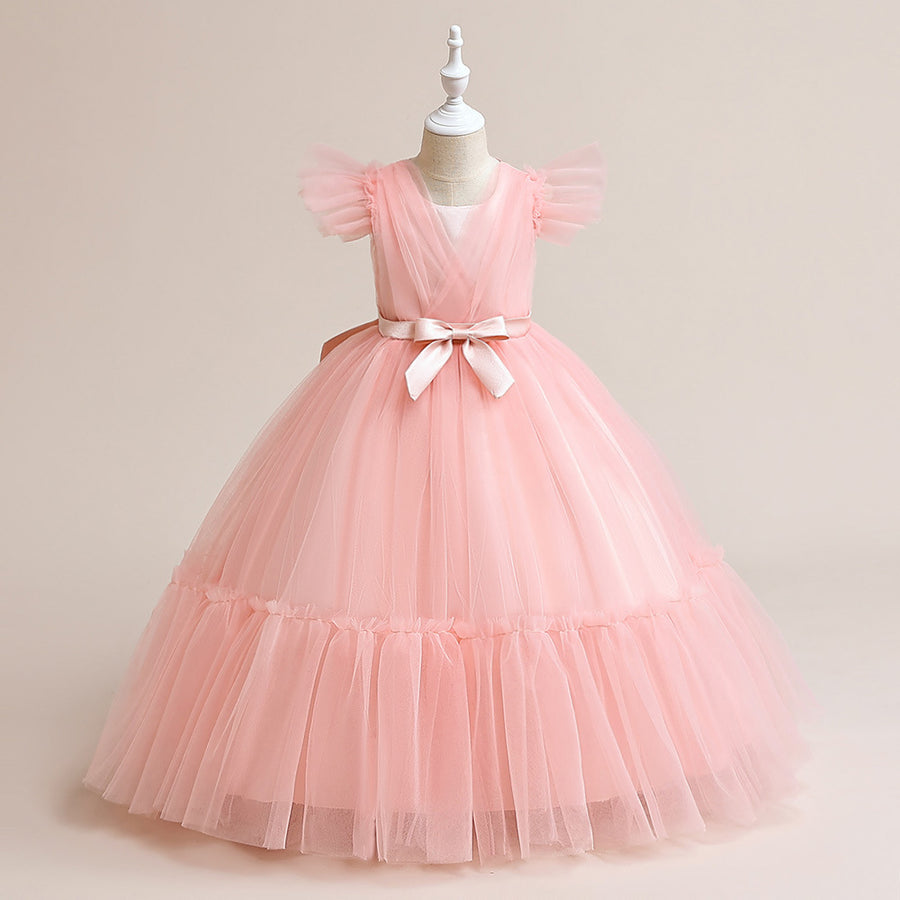 A-Line/Princess V-Neck Flying Sleeves Flower Girl Dresses with Belt