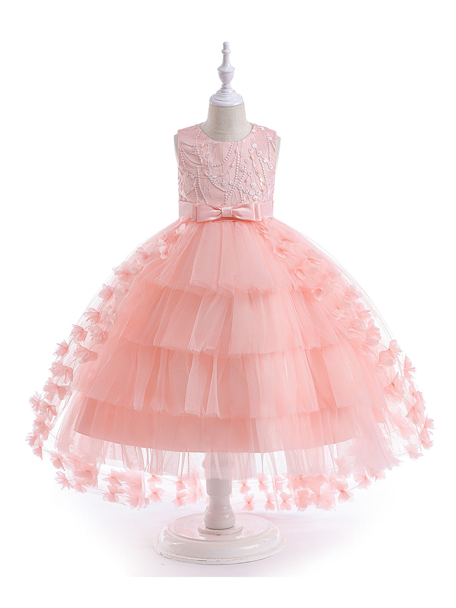 Princess Ball Gown Scoop Embroidery Tiered Flower Girl Dresses with Belt