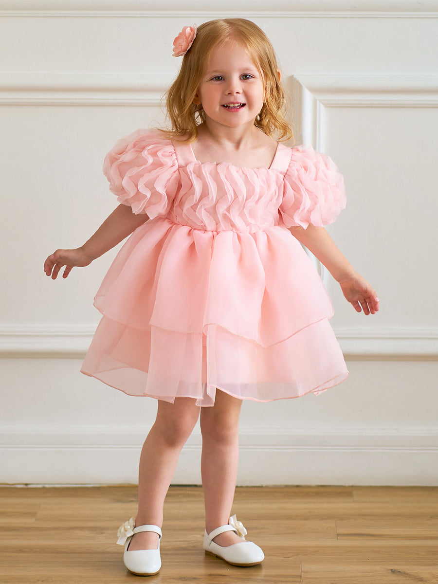 Ball Gown Scoop Puff Sleeves Flower Girl Dresses with Ruffles