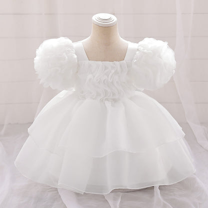 Ball Gown Scoop Puff Sleeves Flower Girl Dresses with Ruffles