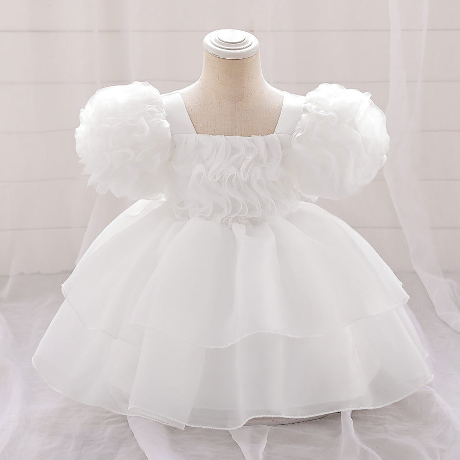 Ball Gown Scoop Puff Sleeves Flower Girl Dresses with Ruffles