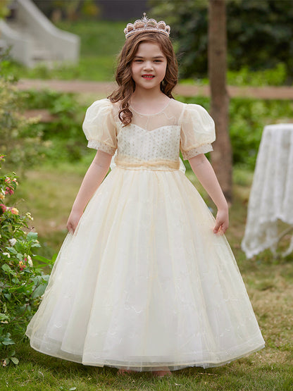 Ball Gown Scoop Puff Sleeves Flower Girl Dresses with Sequins