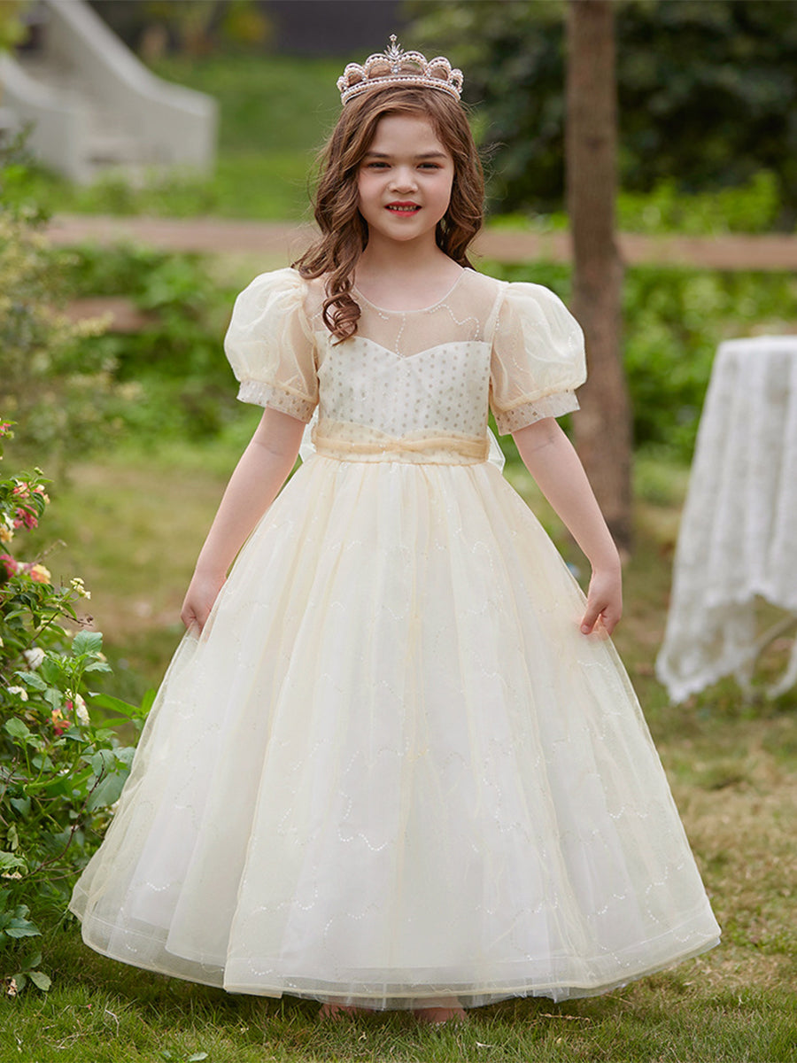 Ball Gown Scoop Puff Sleeves Flower Girl Dresses with Sequins