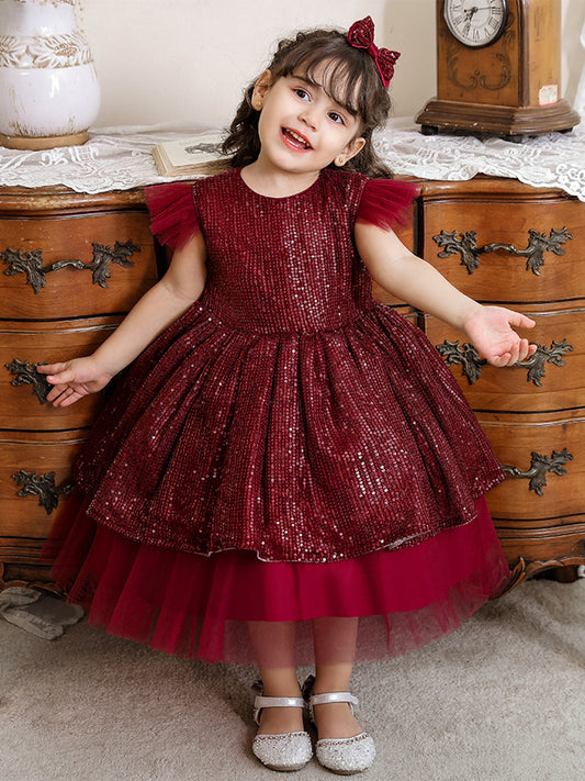 A-Line/Princess Scoop Flying Sleeves Sequin Christmas Dresses for Girls