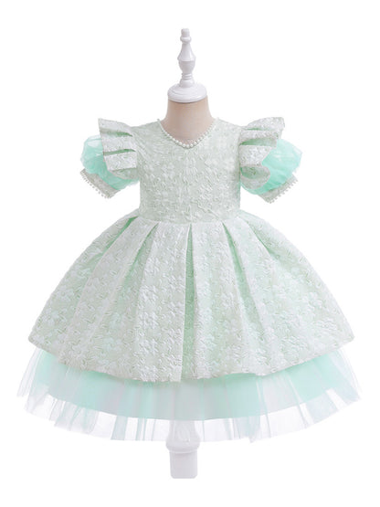 A-Line/Princess V-Neck Puff Sleeves Flower Girl Dresses with Pearls