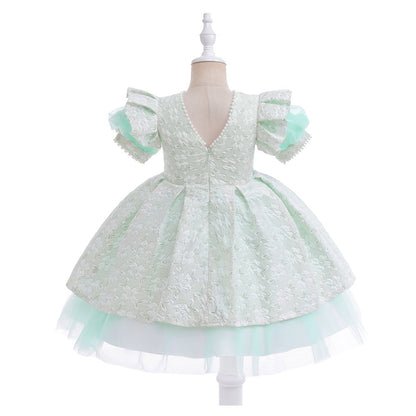 A-Line/Princess V-Neck Puff Sleeves Flower Girl Dresses with Pearls