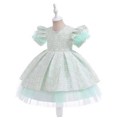 A-Line/Princess V-Neck Puff Sleeves Flower Girl Dresses with Pearls