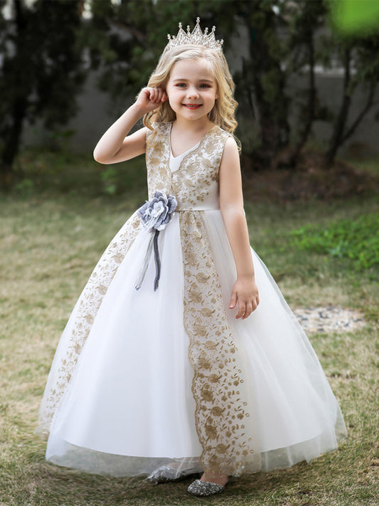 Ball Gown V-Neck Sleeveless Flower Girl Dresses with Sash