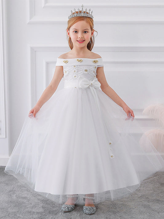 Ball Gown Off-the-Shoulder Short Sleeves Flower Girl Dresses with Bow Knot