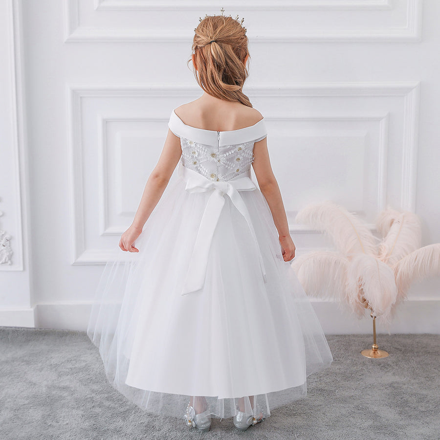 Ball Gown Off-the-Shoulder Short Sleeves Flower Girl Dresses with Bow Knot