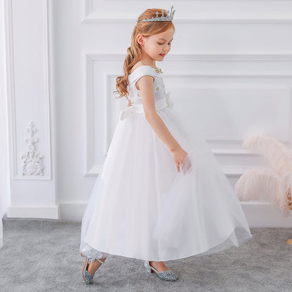 Ball Gown Off-the-Shoulder Short Sleeves Flower Girl Dresses with Bow Knot